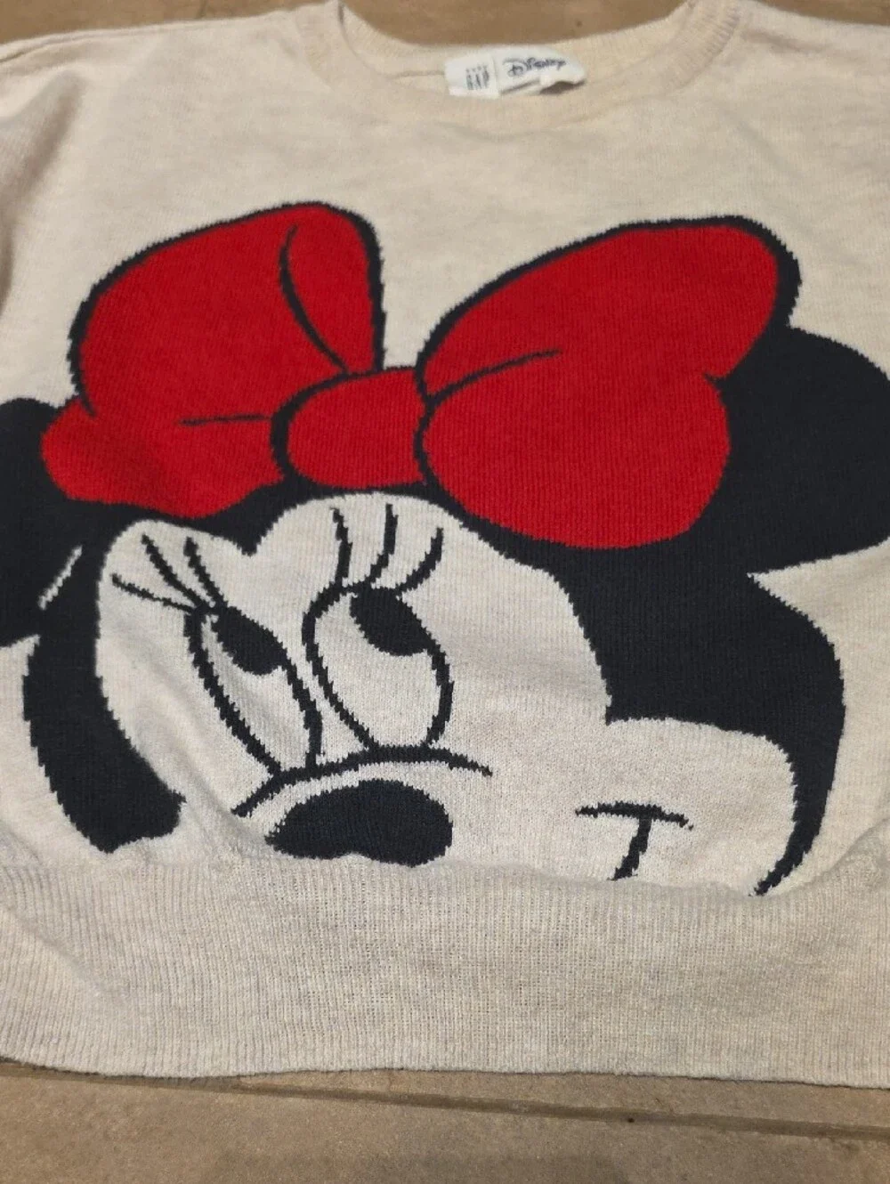 Baby Gap Disney Cream Minnie Mouse Sweater with Red Bow Graphic. Size 5 Toddler